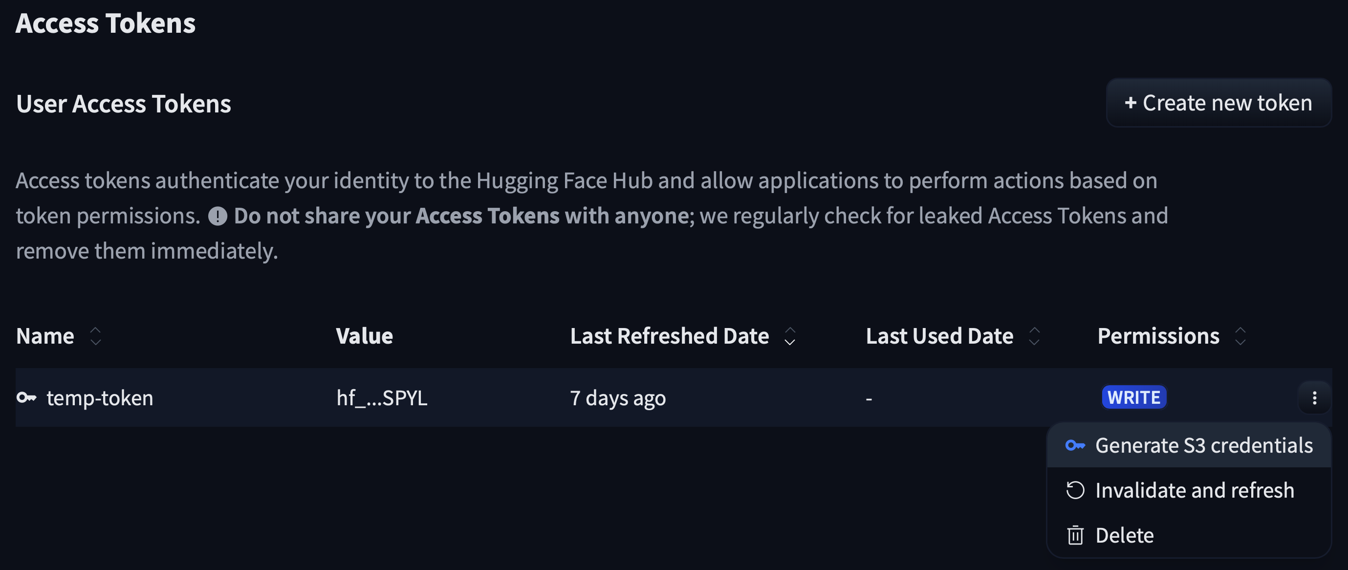 Generate S3 credentials option in access token's dropdown menu